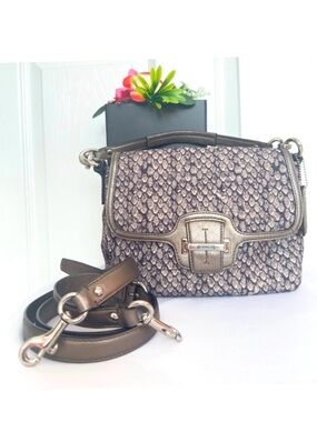 #71 COACH ~ Black Gray Beige Snakeskin Print Crossbody Hand Bag Silver Hardware